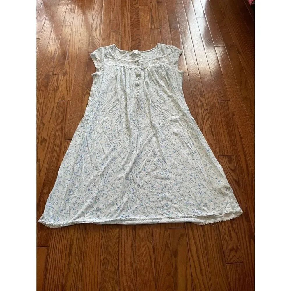 Eileen West Blue White Floral Print Nightgown Women’s Sz Medium